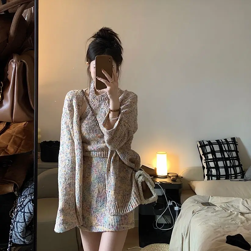 Knitted Sweater Jacket Halter Neck Vest Mini Skirt Three-Piece Women High-Waist Hip-Hugging Sexy Hottie Suit