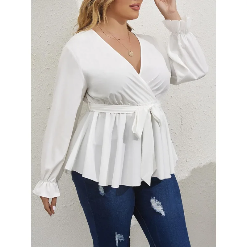 

Плюс размер 1XL-5XL, женская модная однотонная рубашка с v-образным вырезом, блузка, женская повседневная и удобная рубашка с ремешком на талии