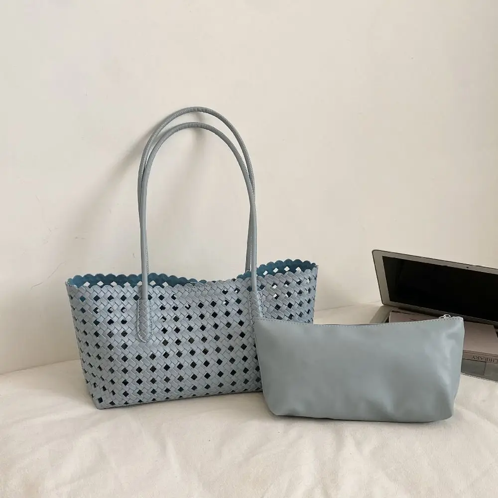 

Trendy Large Capacity Leather Woven Tote Bag Foldable Simple Hollow Out Weave Bag Handbag Fashion Woven Handbag Picnic