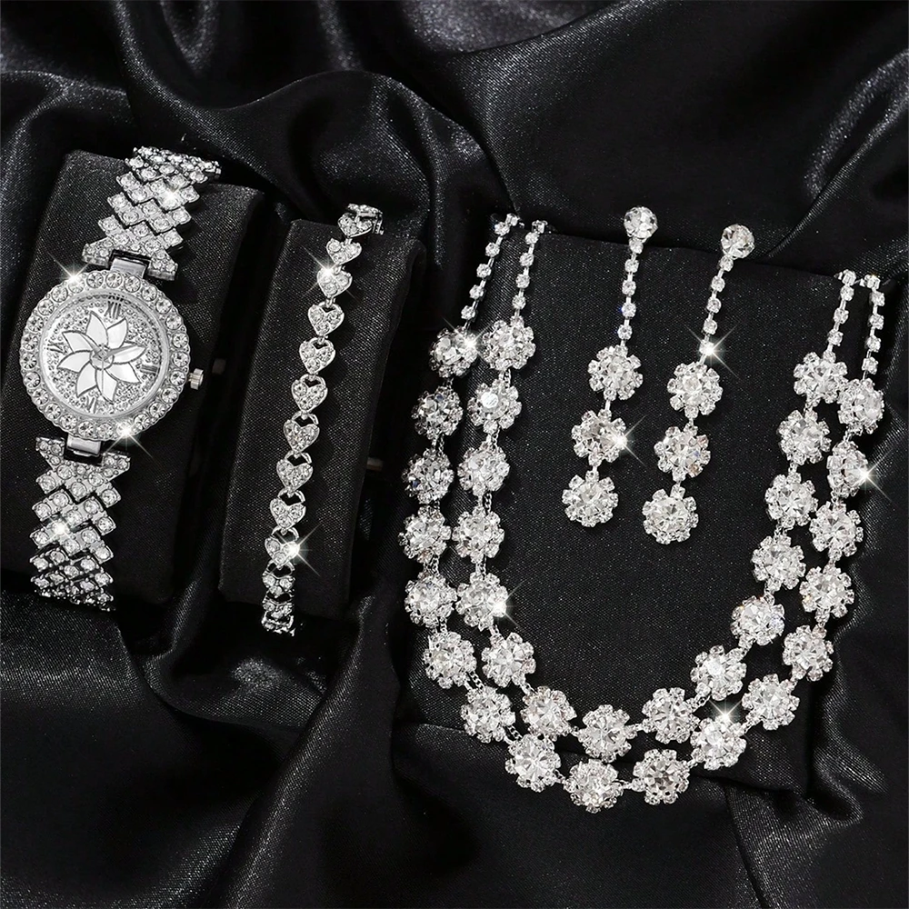 

5 шт. серебряный женский комплект часов, роскошные модные кварцевые часы, браслет, ожерелье, серьги, комплект, подходит для повседневной одежды, подходящий