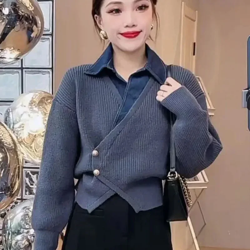 

Autumn Winter New Cowboy Splicing Fake Two Pieces Thick Sweaters Office Lady Vintage Elegant Wool Knitted Pullovers