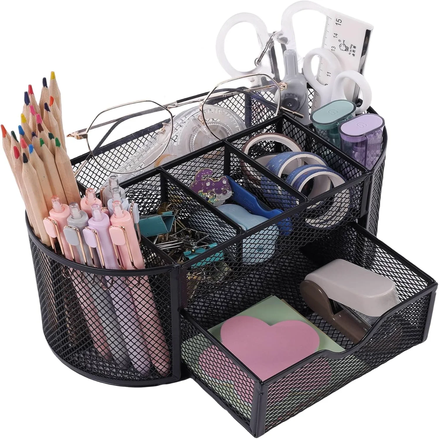 Desk Organizer and Accessories, Grey Desk Organizer with Drawer, Desktop Mesh Pencil Pen Holder with 8 Compartments for Office,