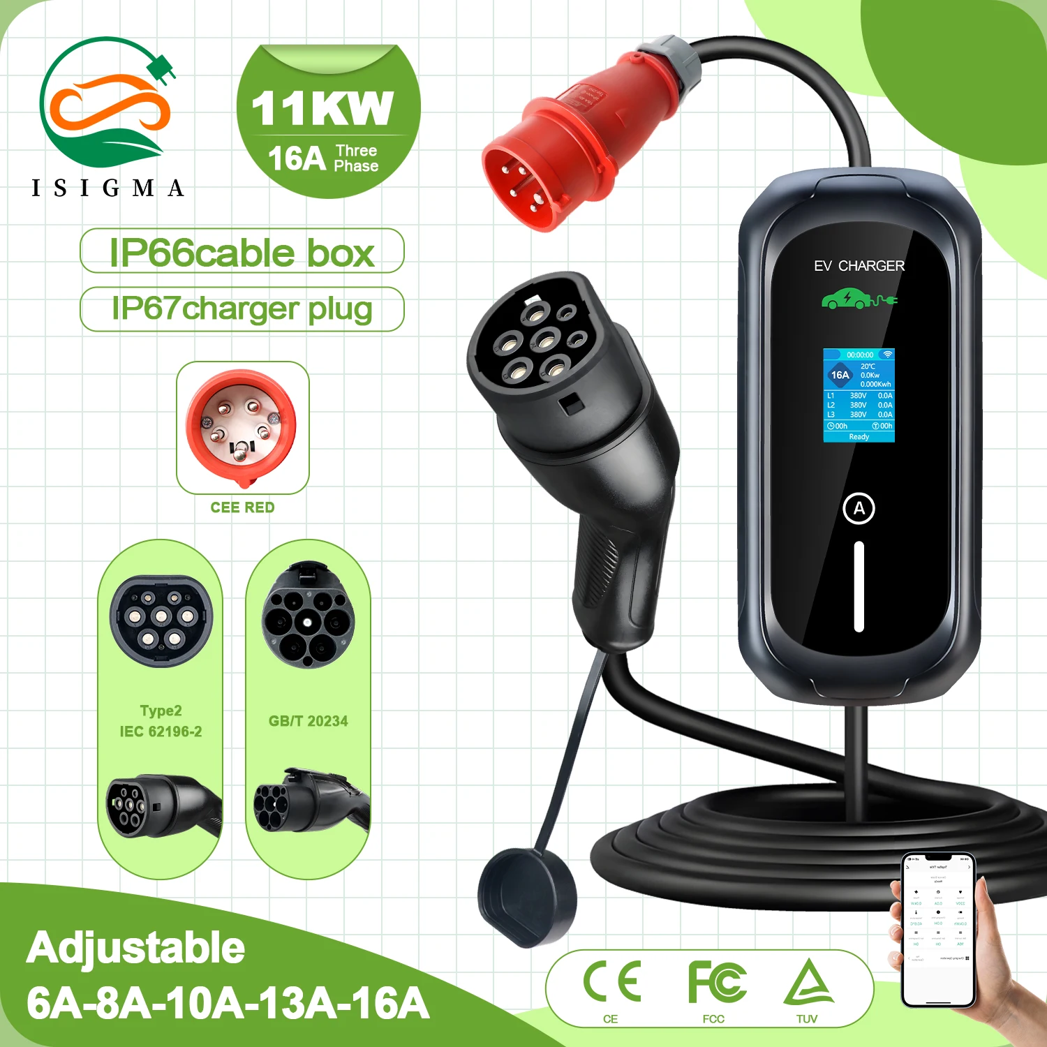 

ISIGMA Type2 GB/T 11KW 5M Портативная зарядная станция CEE Red 16A WIFI APP Bluetooth Управление для электромобилей Автомобиль