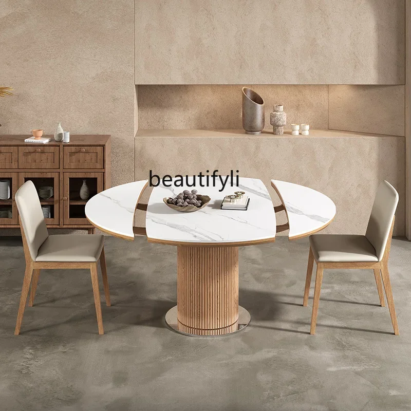 

Light luxury solid wood retractable folding rock slab functional dining table modern simple dual-purpose dining table