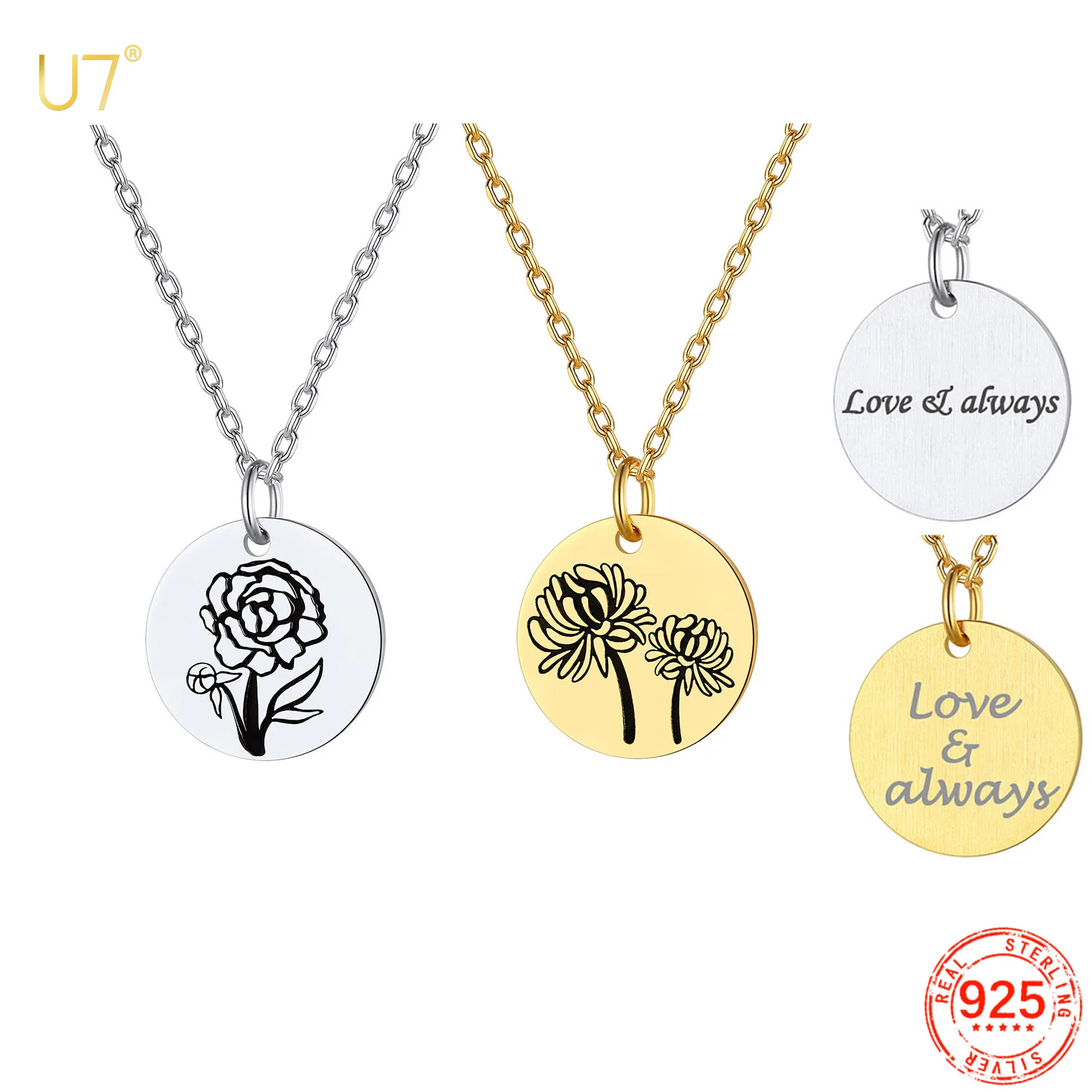 

U7 925 Silver Birth Months Flower Necklace for Women Dainty Engraved Floral Disc Coin Pendant Custom Birthday Jewelry for Mother