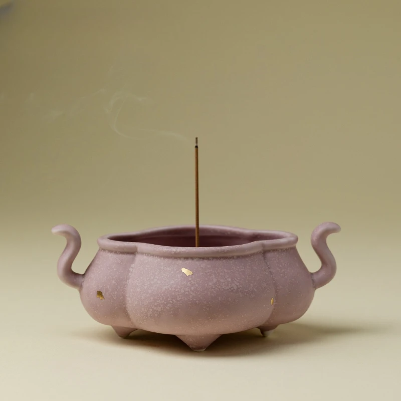 Purple Gold Cloud Deep Double-Ear Incense Burner Tea Room Temple Sacrificial Worship Decorative Items Ceramic Incense Burner