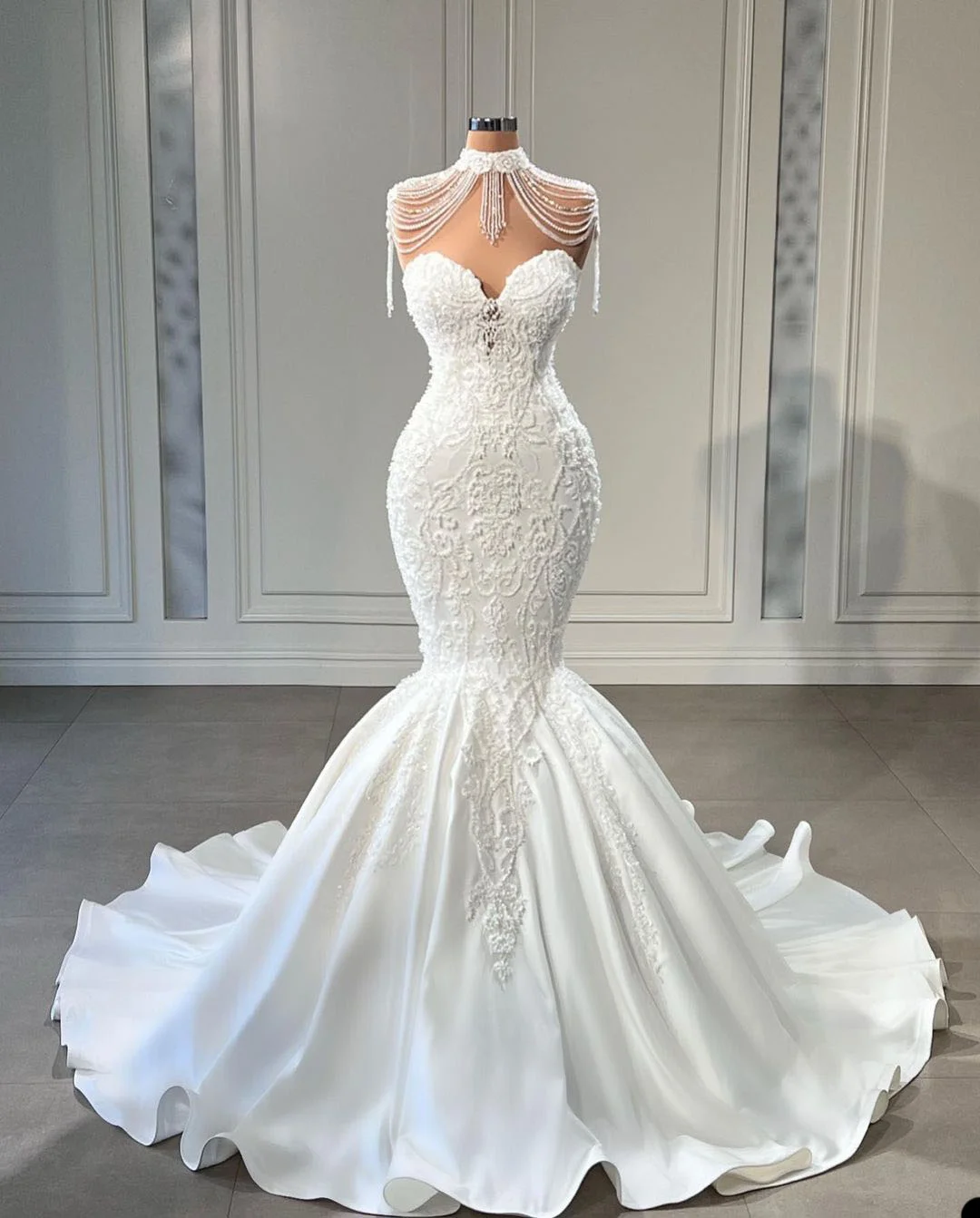 Vestidos de novia modernos de sirena con escote Corazón, apliques de encaje, borla, vestidos de novia, Vestido de novia con cuentas