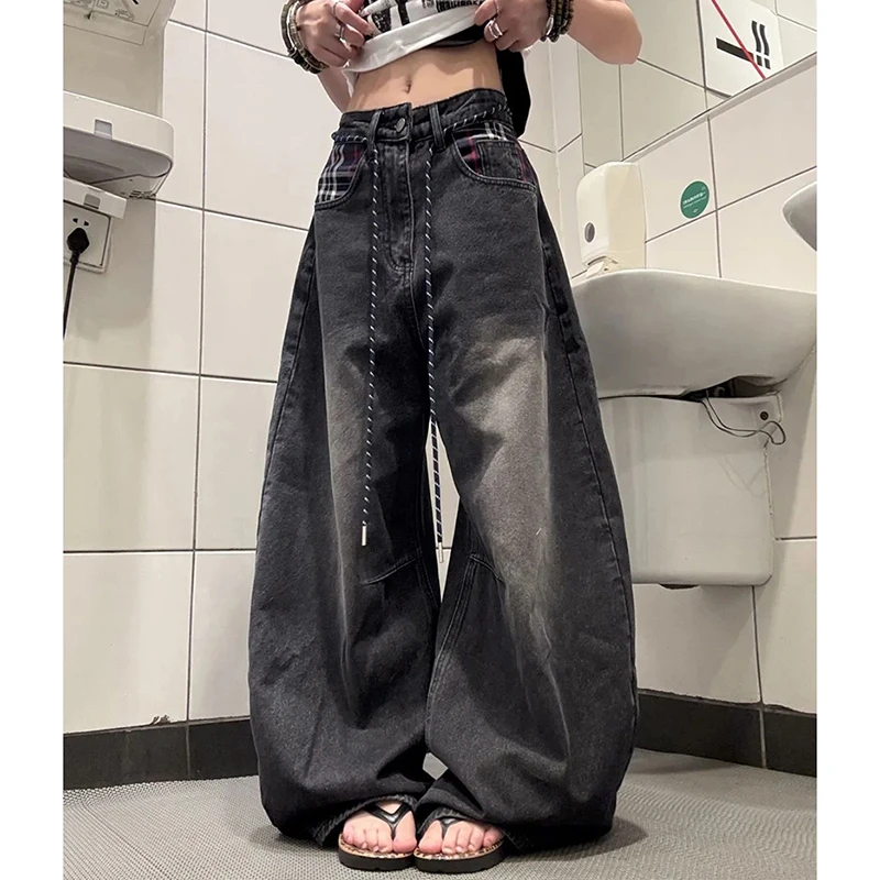 American Vintage Street Jeans Women Loose Causal Jazz Dance Denim Pants Harajuku Y2K Lazy Hiphop Patchwork Wide Leg Pants