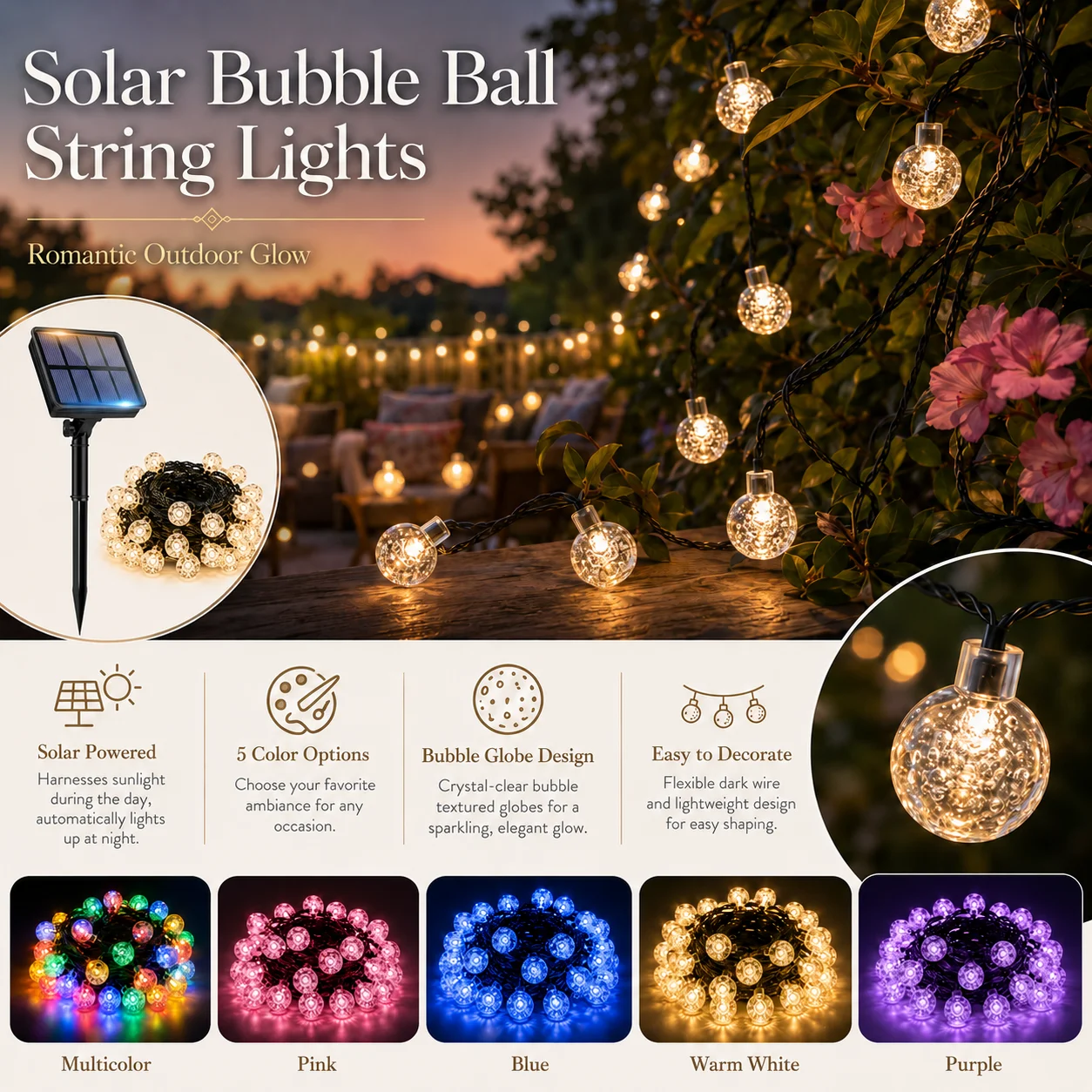Guirlande lumineuse solaire à bulles, 2 pièces, 8 modes clignotants, multicolore, blanc chaud, violet, bleu, rose, décoration de jardin, patio, fête