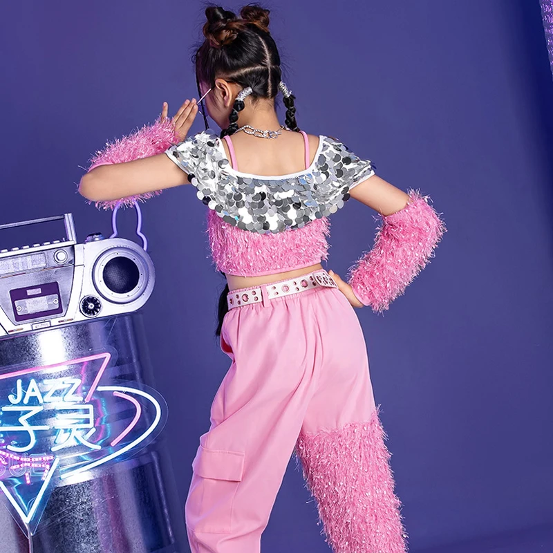 2024 Cheerleading Jazz Dance Costume Girls Sequins Top Cargo Pants Kids Hip Hop Clothing Stage Kpop Outfit Street Wear XS7220