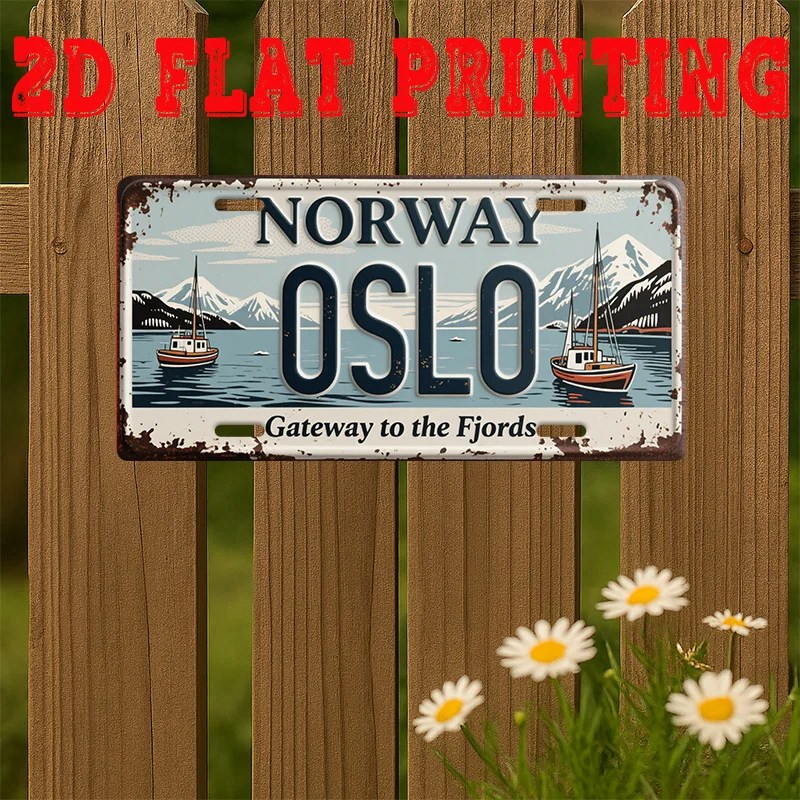 2D Flat, 2D Flat - 2D Printed Sign, 1pc, Vintage Metal Aluminum Sign, Decorative Plaque and Signboard, Oslo City Sign, Fjord Vin
