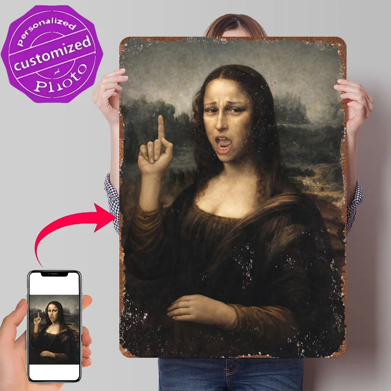 Annoying Mona Lisa Personalized 3D Textured Metal Poster Wall Art Tinplate Sign for Vintage Home Decor Items Article Decoration