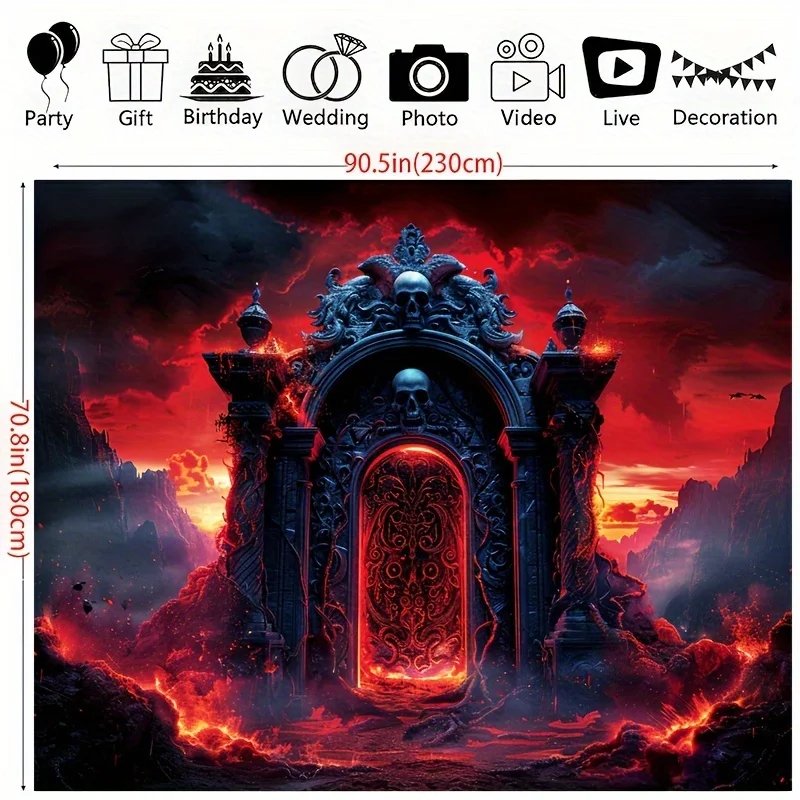 بوابة الجمجمة الغامضة. خلفية مع بوابة قوطية داكنة وأشواك وضوء أحمر جحمي وسحب ونيران.