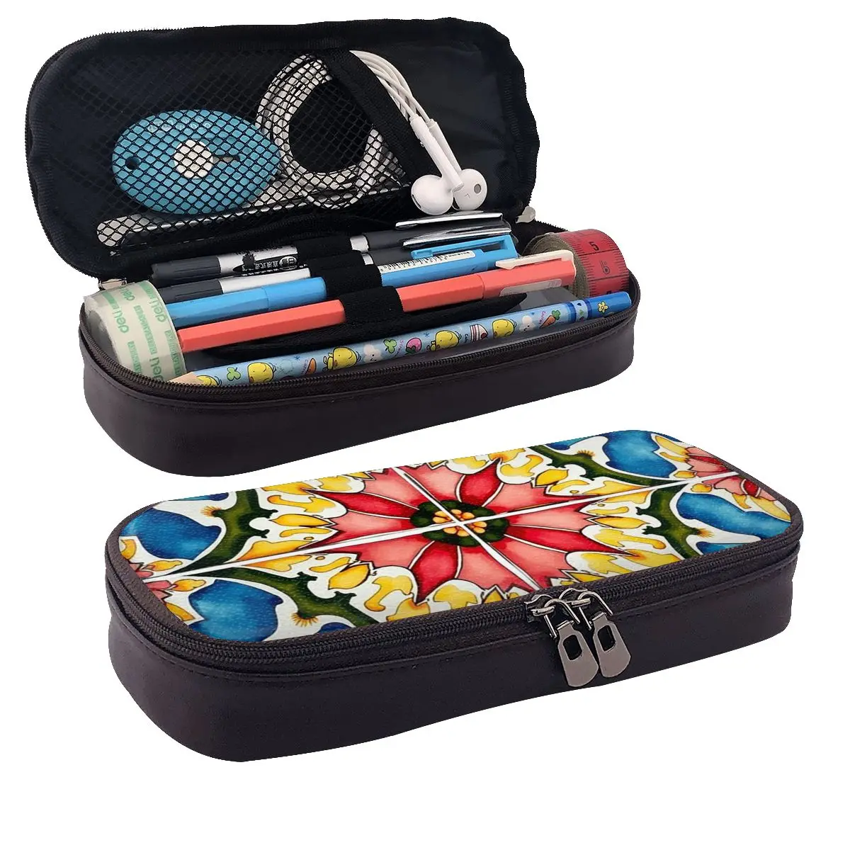 Mediterranean,colorful,vibrant,mosaic Tiles Art Leather Pencil Case Pencil Pouch Large Storage Pen Box Pencil Bag for Boy Girl