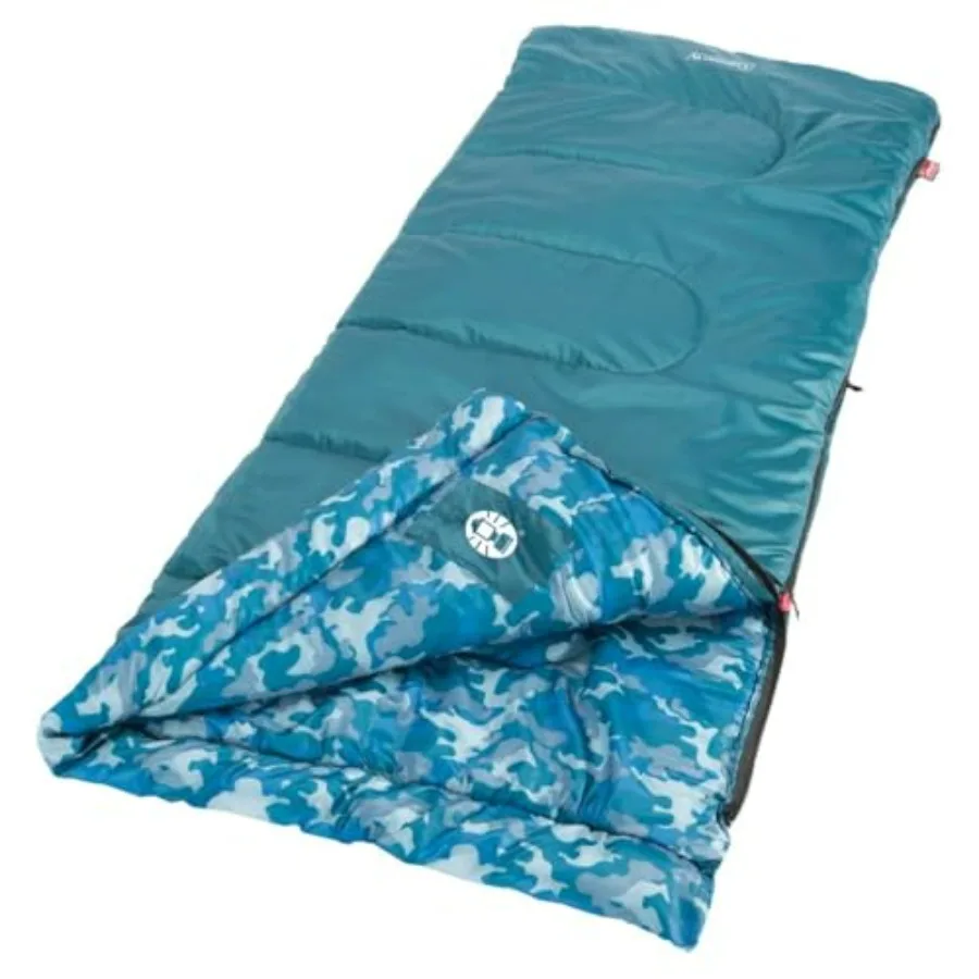 

sleeping bag for indoor/outdoor use, polyester shell with fleece lining, navy blue, lightweight and warm down to 45F for childr