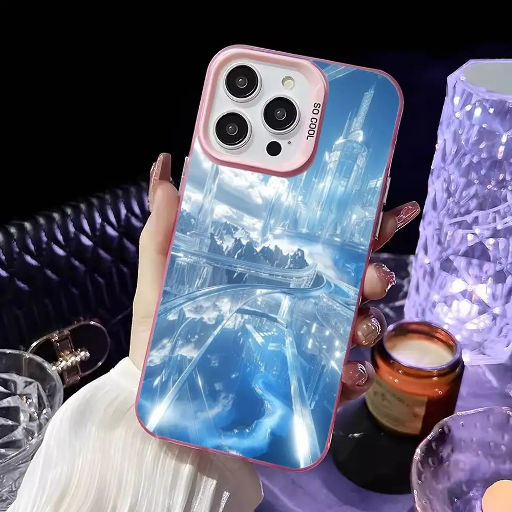 حافظة هاتف معمارية الخيال العلمي باللونين الأزرق والأبيض لهواتف iPhone 16,15,14,13,12,11,Mini,Pro,MAX غطاء وردي غير لامع مقاوم للصدمات #2