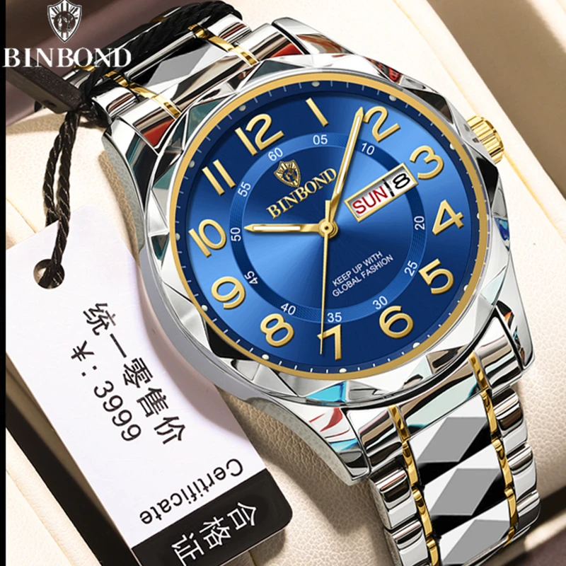 BINBOND Luxury Business Men's Quartz Watches Dual Calendar Waterproof Fashion Leisure Luminous Watch Stainless Steel Men Watches