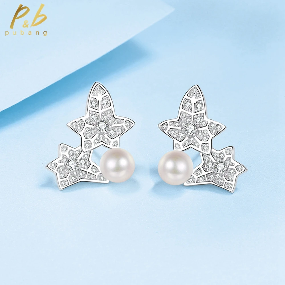 

PuBang Fine Jewelry 925 Sterling Silver Luxury Real Moissanite Diamond Pearl Stud Earrings for Women Wedding Gifts Free Shipping