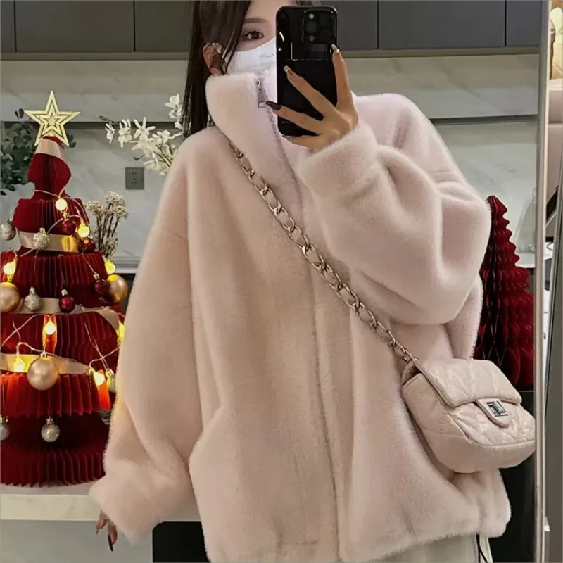 

Winter 2024 Imitation Rex Rabbit Fur Grass Women's Loose Thickened Coat Stand-Up Collar Plush Jacket