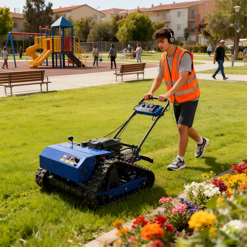 

Горячая продажа, изготовленная на заказ гусеничная газонокосилка, самоходная садовая газонокосилка с нулевым поворотом и дистанционным управлением, резиновая гусеничная газонокосилка