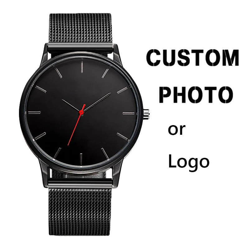 Men Black Stainless Steel Mesh Wristwatch Customize Brand Logo Private Label Quality Watch