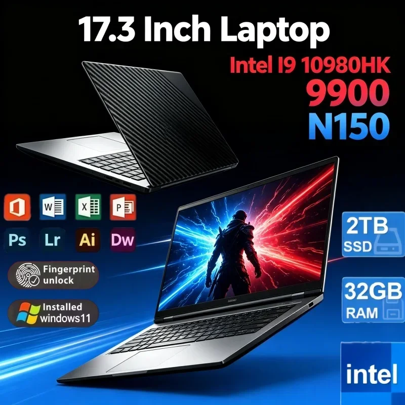 Ultra‑Fast 17.3'' Business Laptop Intel Core I9‑10980HK 9900 N150 32GB RAM 2TB SSD Fingerprint Unlock Win11 Home Office Notebook