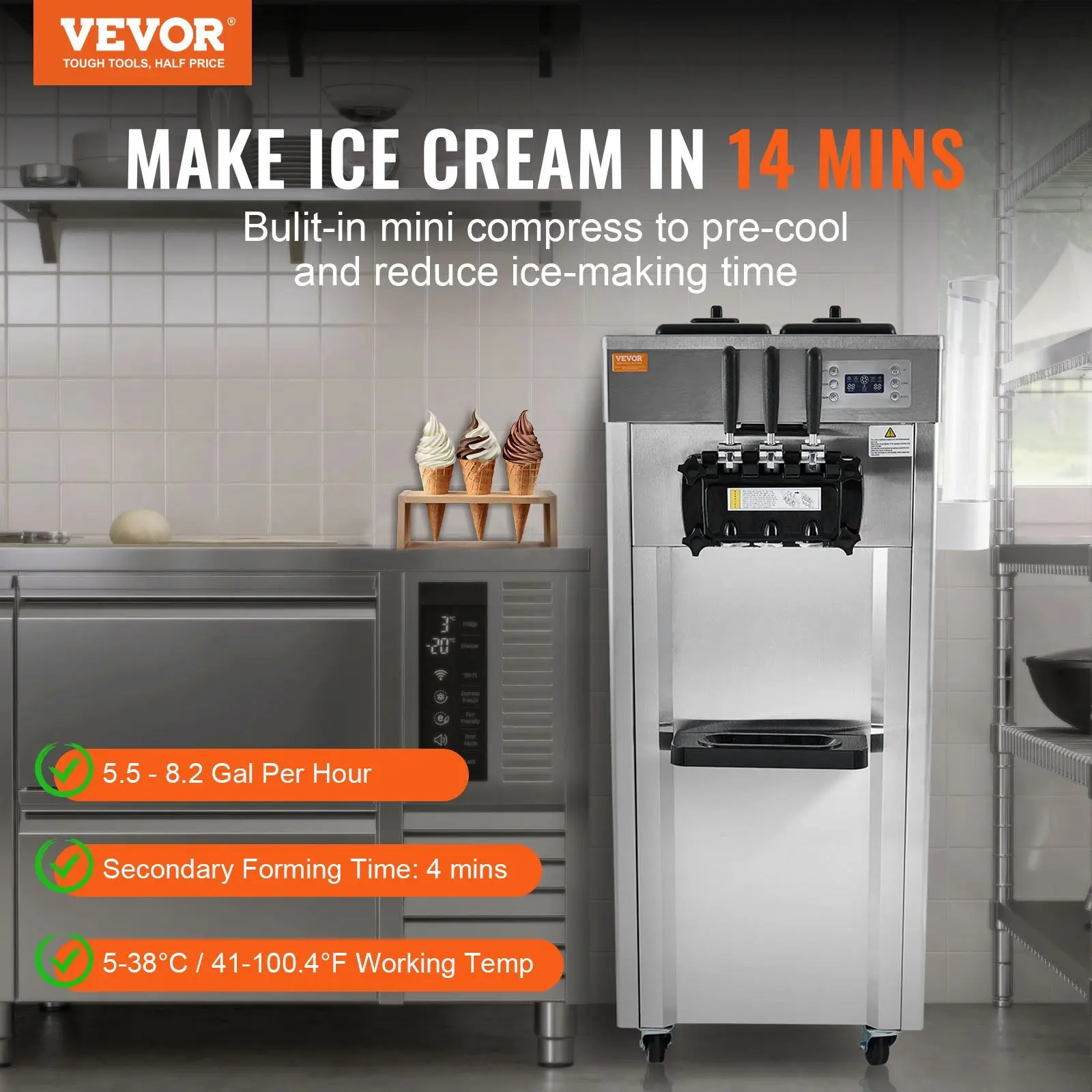 VEVOR 2200W Commercial Soft Ice Cream Machine 3 Flavors 5.3 to 7.4Gallon per Hour PreCooling at Night Auto Clean LCDPanel for Re