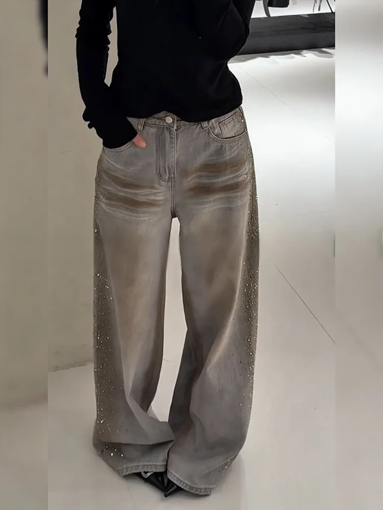 

Ретро джинсы с эффектом потертости в американском стиле для девушек, с боковыми стразами, женские, лето 2026, с естественной талией, свободного кроя, длина в пол