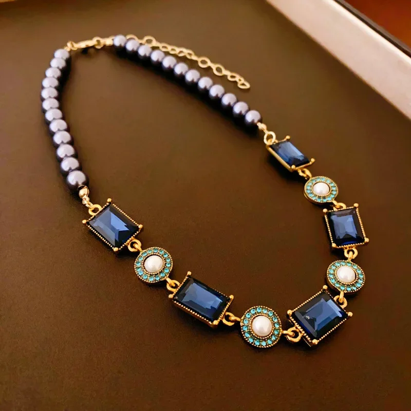 الأزرق الداكن حجر الراين مربع اللؤلؤ قلادة القرط للنساء القرون الوسطى خمر الترقوة سلسلة رائعة مجموعات مجوهرات البريق
