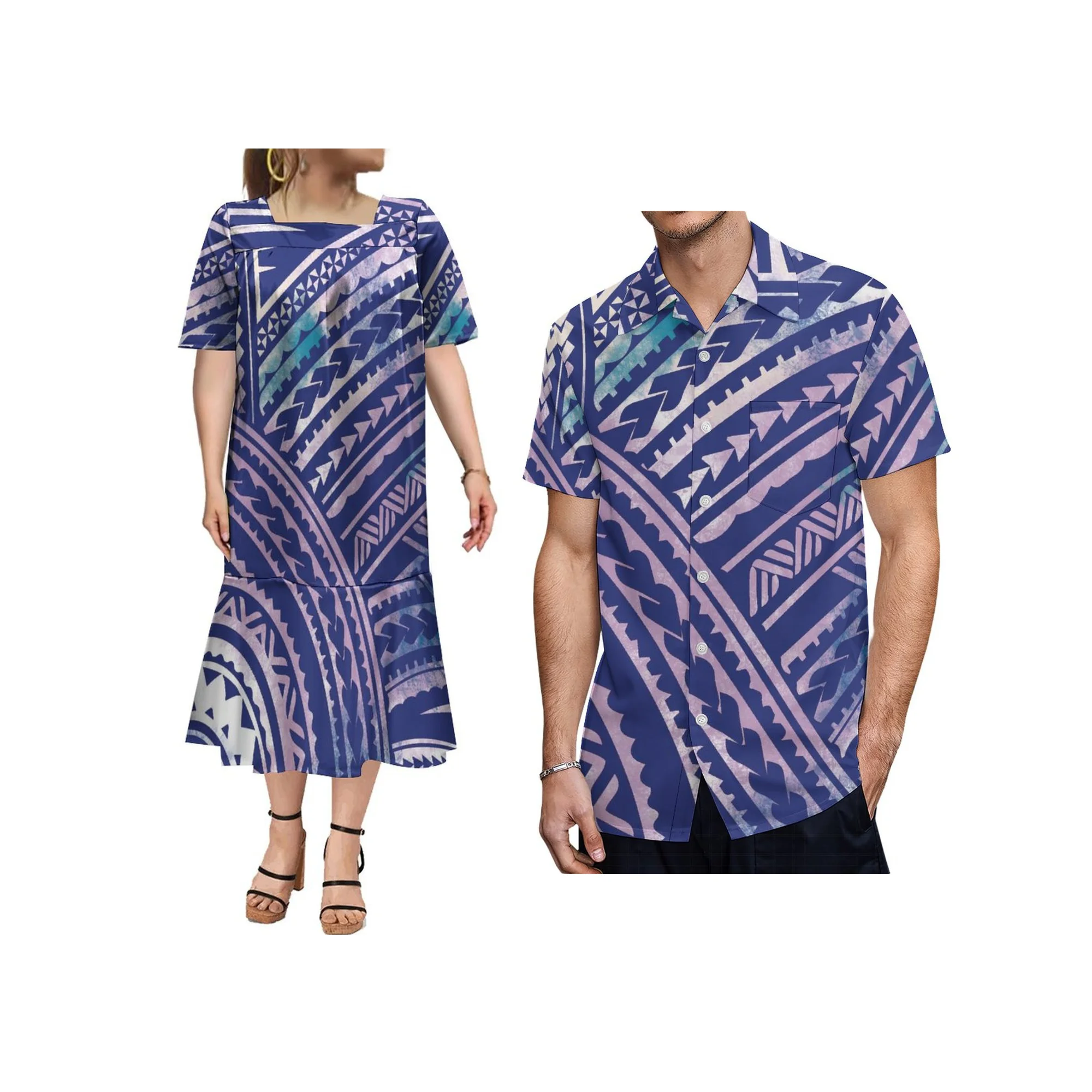 Hot Sale Custom Tonga Polynesian Tribal Print Mumu Dress And Micronesian Mumu Puff Sleeve Fishtail Dress Couples Clothes