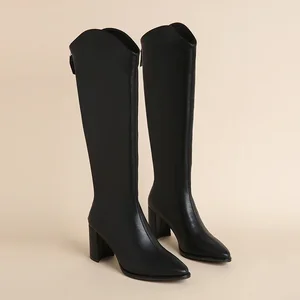 Mais tamanho 34-43 novas botas femininas zíper grosso salto alto simples grosso salto alto outono inverno botas joelho alto botas 10 principais vendas botas feminina plus size - №5