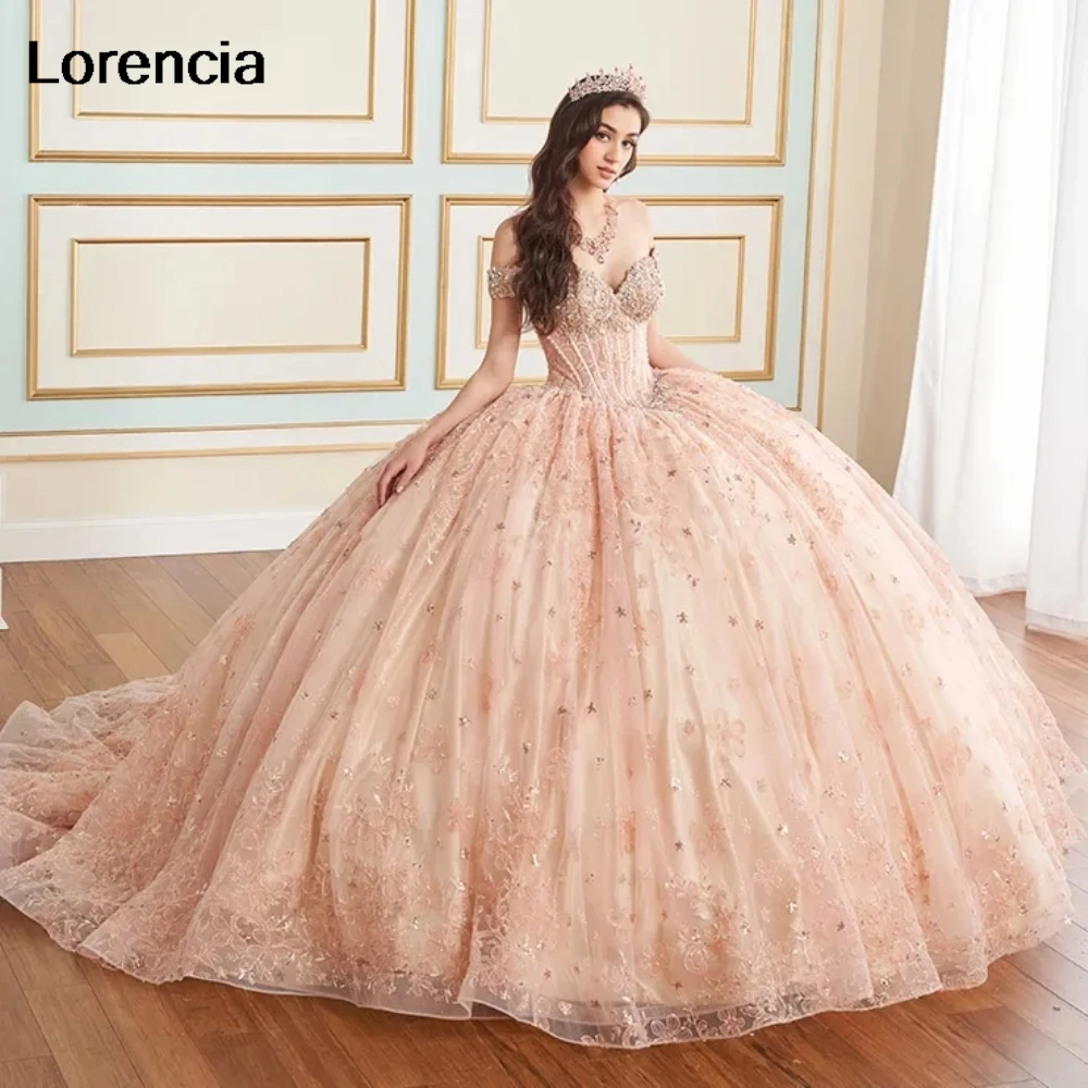 Personalizado rosa lantejoulas quinceanera vestido de baile renda applique miçangas espartilho mexicano doce 16 vestidos de 15 anos yqd990