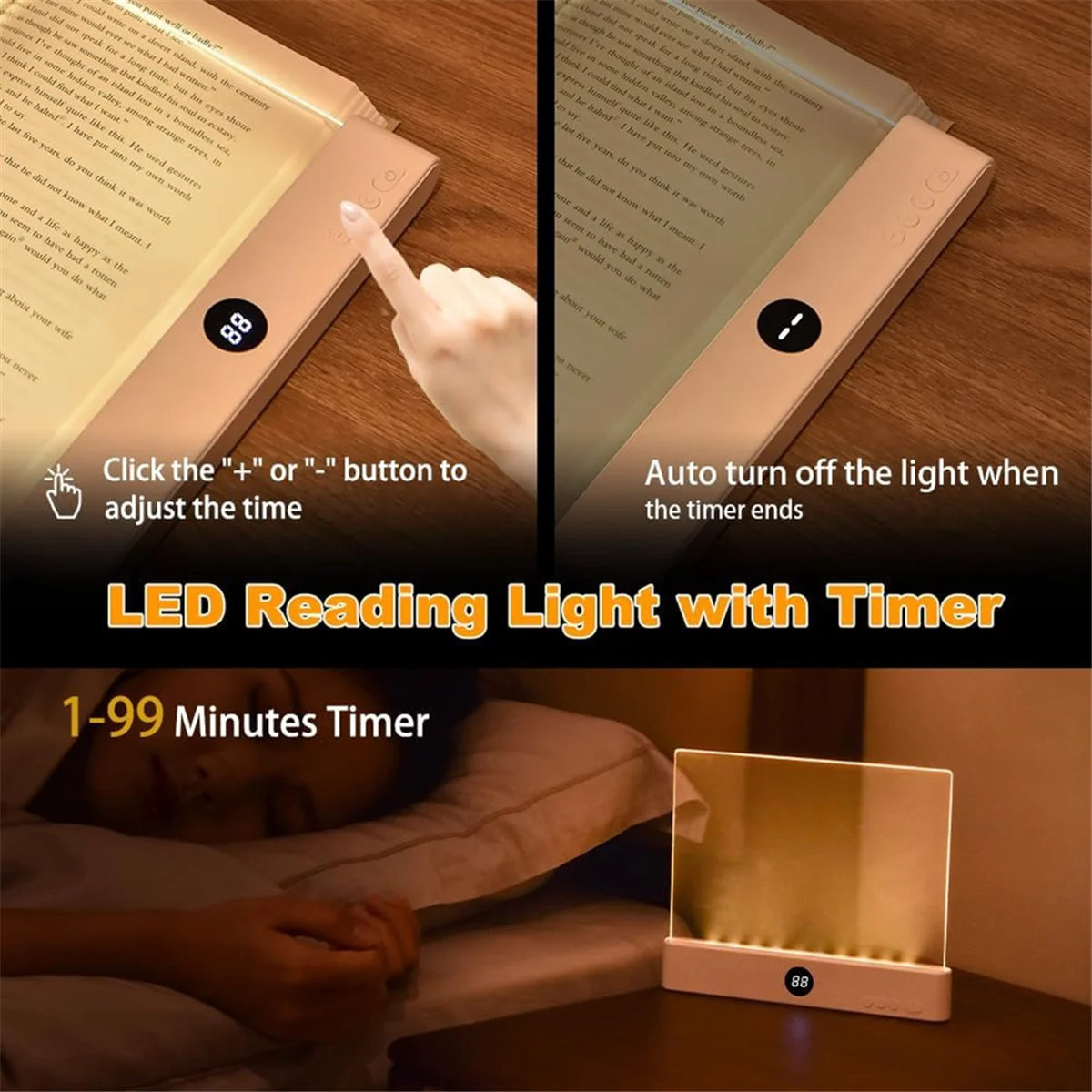 ضوء كتاب AA98، ضوء قراءة مسطح LED شفاف قابل لإعادة الشحن مع 3 ألوان ومؤقت، لوحة مصباح كتاب كامل الصفحة باللون الأسود