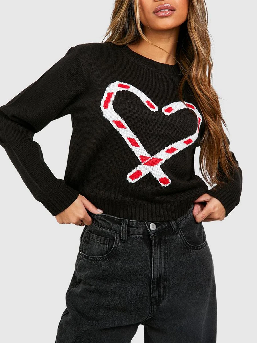 New Fashion Women Christmas Sweaters Long Sleeve Round Neck Candy Cane Print Loose Pullovers Knit Tops Hot Sale S-XL