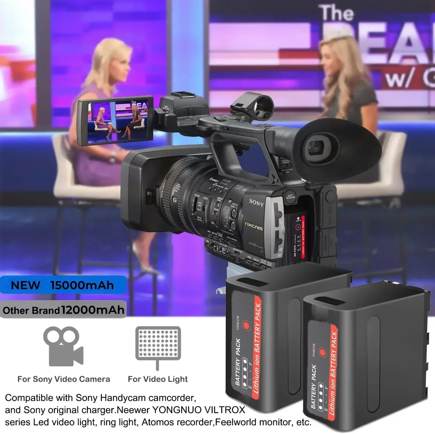 Batería Canon NP-F980 F960 F970 NPF980 de 15000mAh con salida de carga USB para CCD-TRV35 TRV940 CCD-RV100 DCR-TR7Series