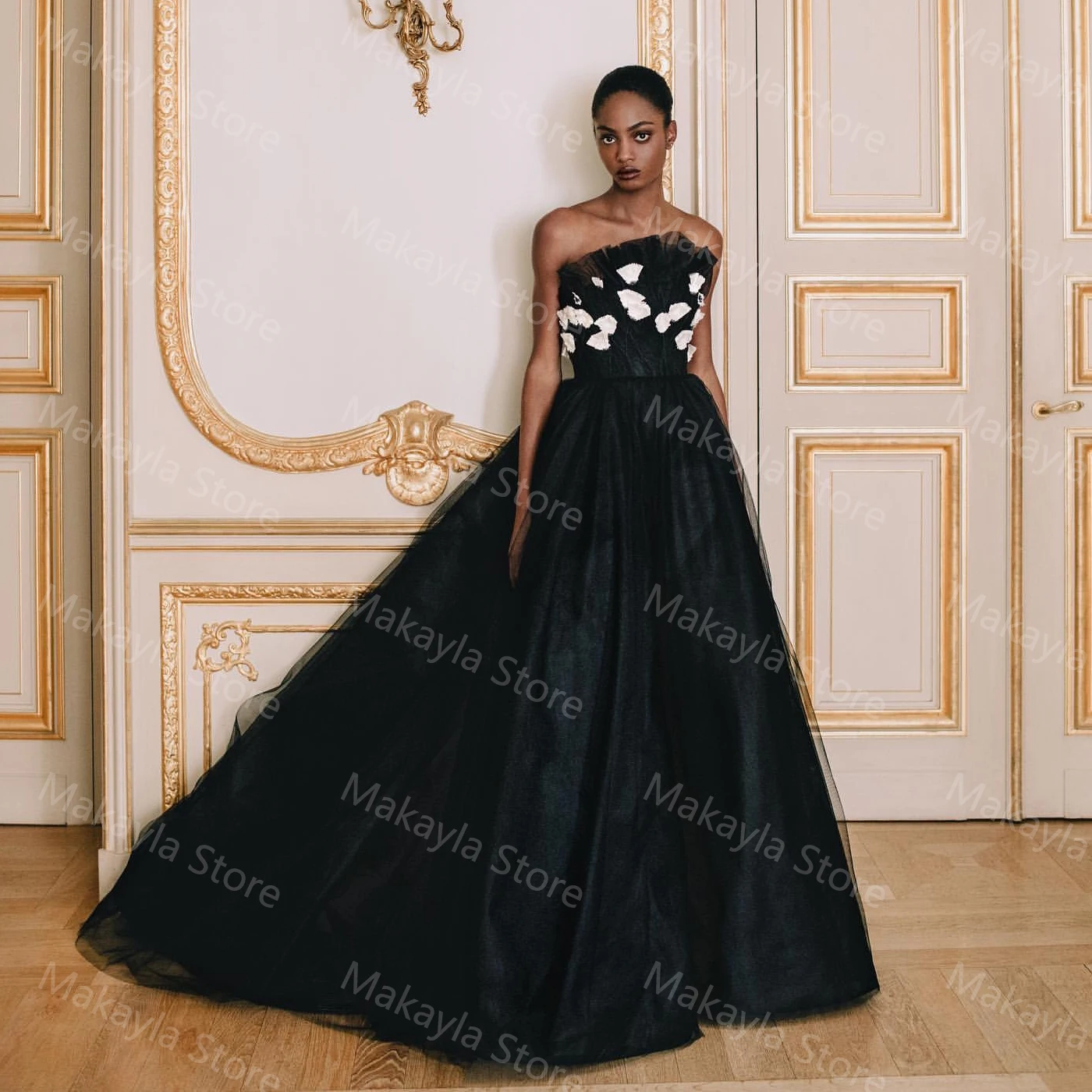 Vestidos de graduación sin tirantes para mujer, Vestido largo de tul, línea A, elegante, hecho a medida, flores blancas, negro, bonito, fiesta de noche