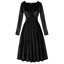 Elegant party solid color black velvet temperament V-neck cinched waist slimming versatile long sleeved dress