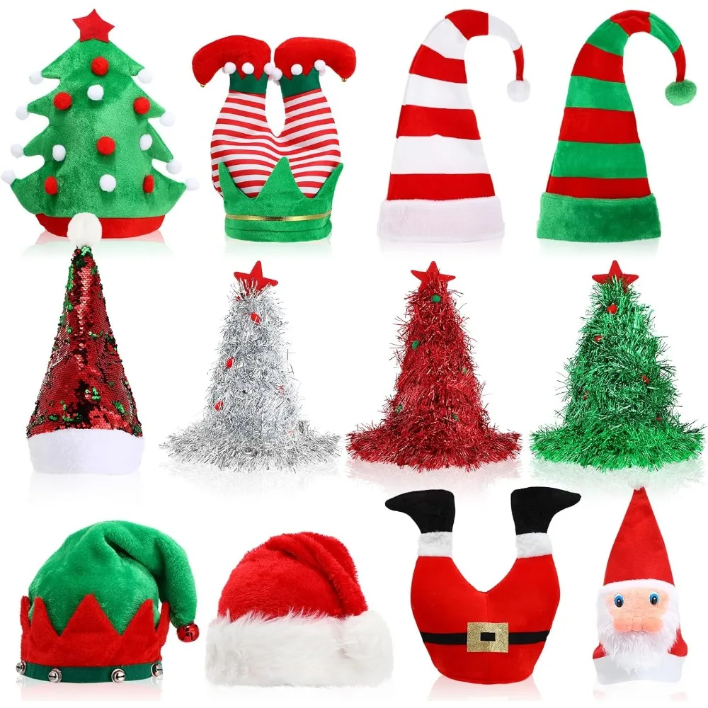 12 Pieces Christmas Novelty Hats Santa Elf Hat Funny Sequin Xmas Tree Hat for Christmas Party Celebrations