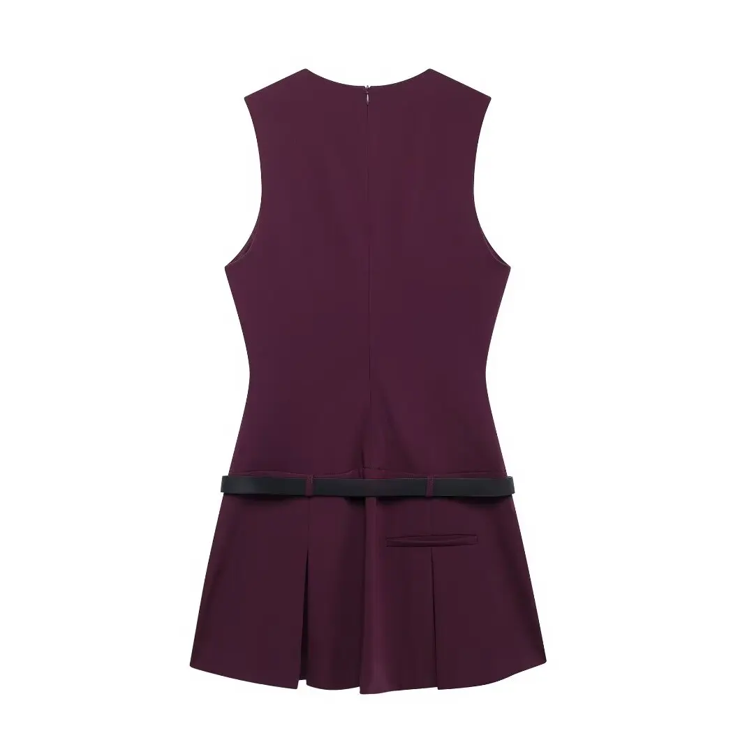 Autumn And Winter New Women\'s Clothing Wine Red Simple Temperament With Belt Wide Pleated Sleeveless Dress Short Style