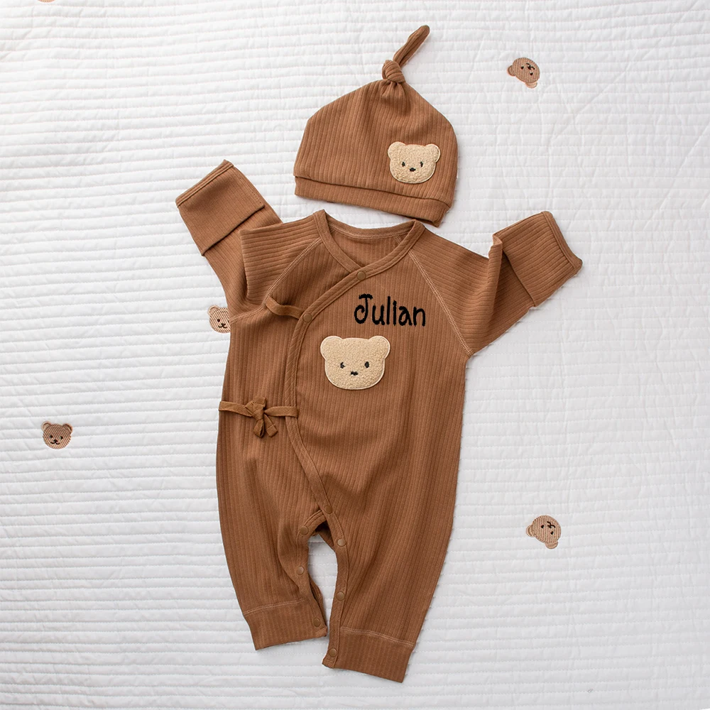 Ropa personalizada para niños y niñas, monos suaves de manga larga con nombres personalizados, oso de peluche bordado, pijamas de fondo para recién