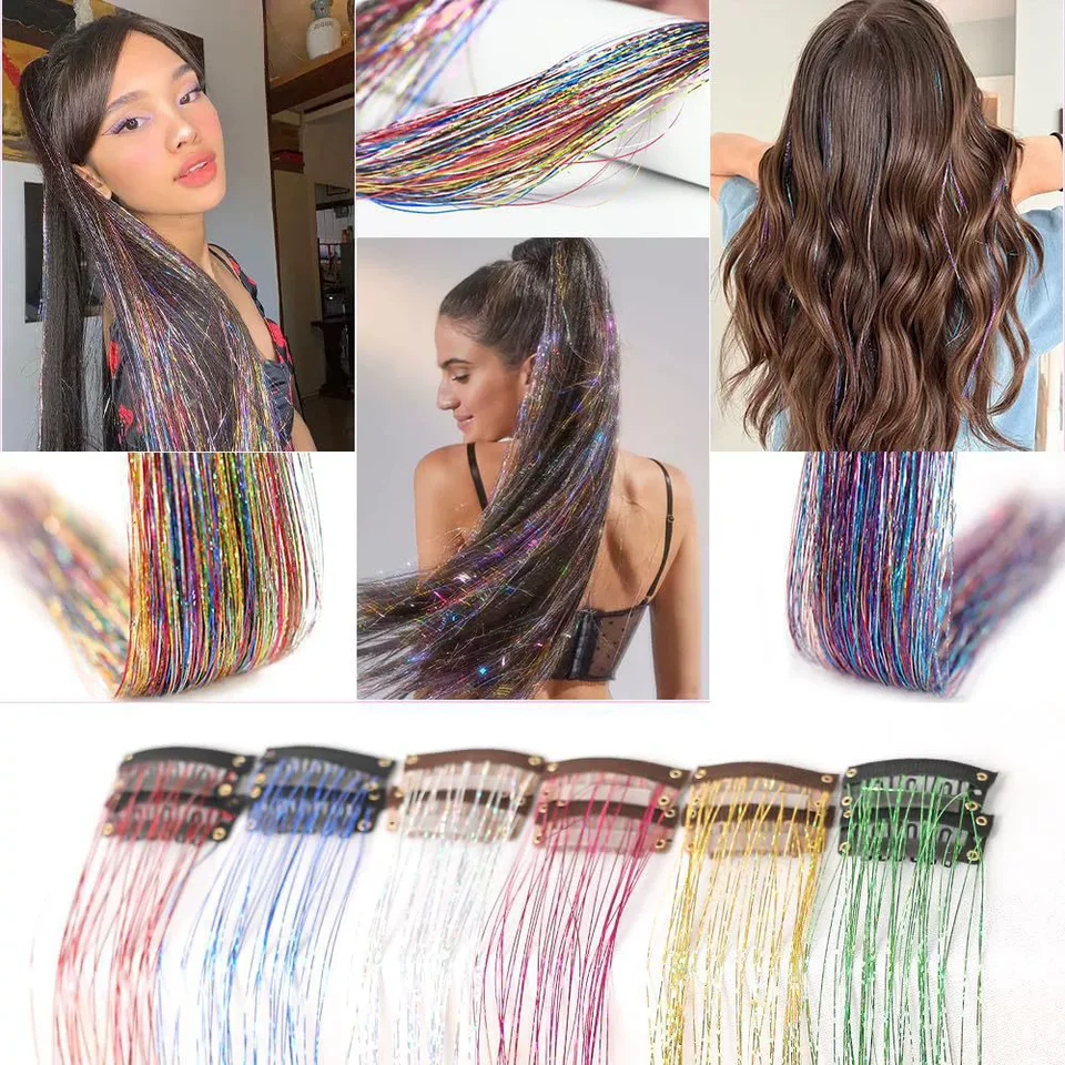 Kit de 12 piezas de tinsel sintético de 20 pulgadas con clip, brillantina, resistente al calor, cabello de hada 4