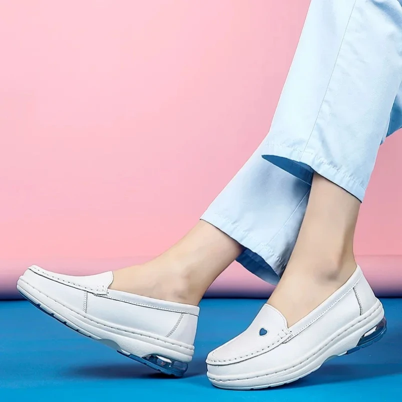 2025 Waterproof Platform Sneakers Women Air Cushion Swing Shoes White Nurse Shoes Cowhide Non-slip Lady Loafers Hollow Wedge view 6