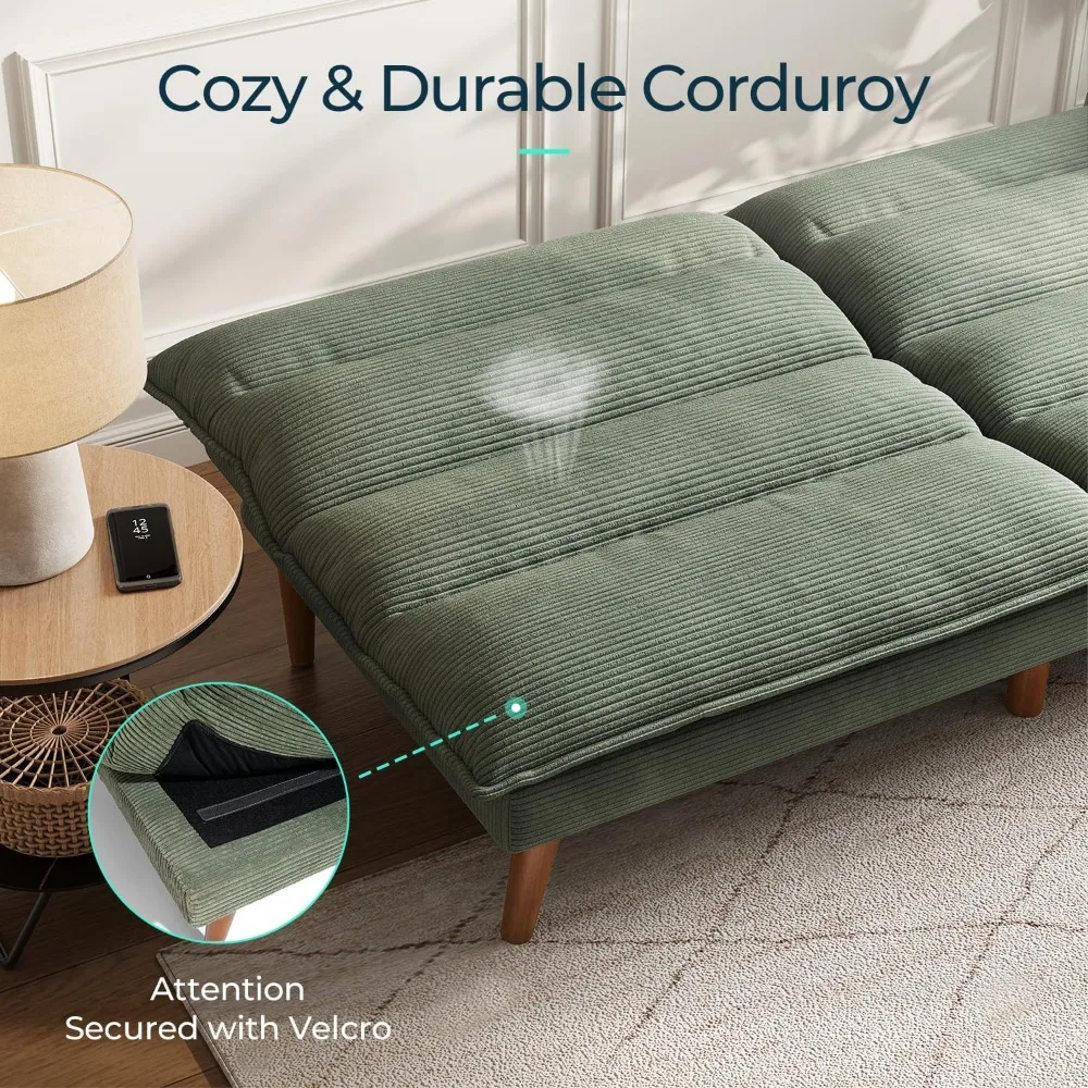 Sofá-cama futon conversível de veludo cotelê com encosto ajustável, sofá-cama pequeno e moderno