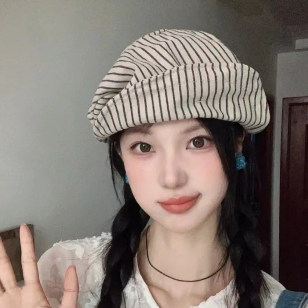 New Cotton and Linen Striped Berets Thin Japanese Octagonal Hat Newsboy Cap Short Brim Painter Caps Daily