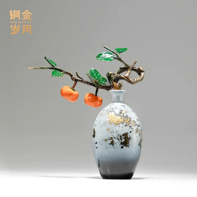 Solid Copper Persimmon Vase Square Shape Handicraft Home Decor Ornament for Living Room Entrance TV Cabinet Display Art Piece
