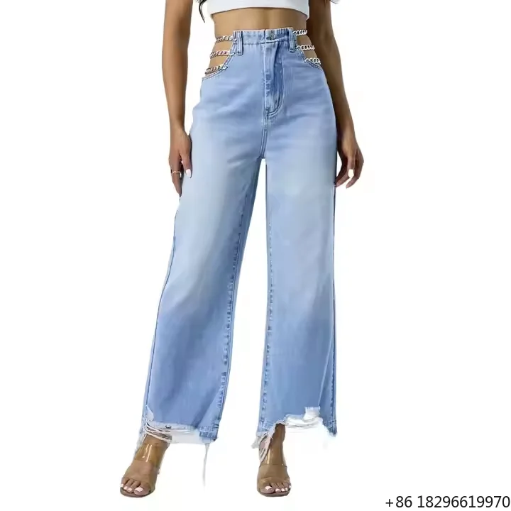 Denim Wash Jeans Pants for Women Ripped Jeans High Waist Loose Women Jeans Trousers Baggy Wide Leg Denim Casual