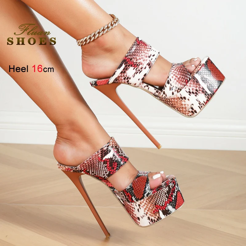 

Snakeskin Pattern Summer Slippers For Women 16CM Thin Heel Europe and America Model Runway Shoes Slip-on Thick Platform Sandals