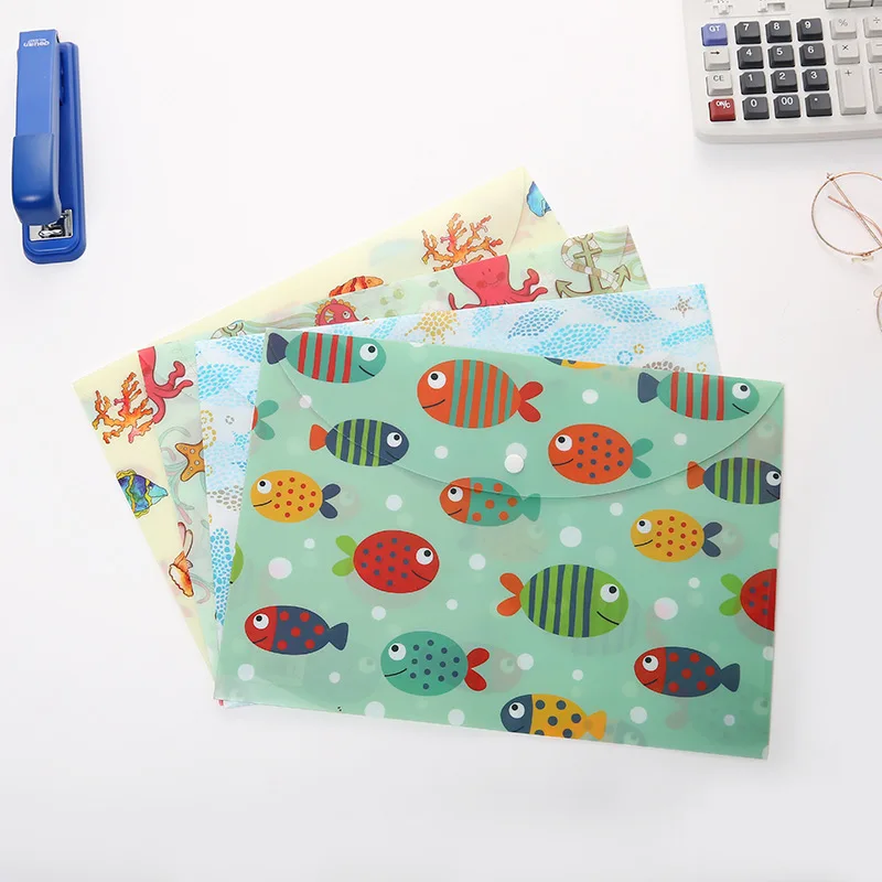 A4 Cartoon Marine Fish File Folders Holder 32*23cm Snap Button Folder Pens Paper Storage Bag Folders Document Organizer