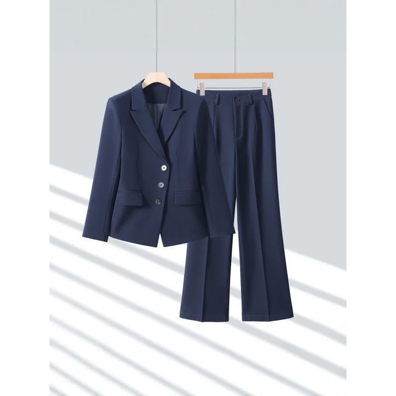 

Navy blue women's suit set, new spring and autumn professional attire for interviews, formal wear, two-piece set with wide-leg p