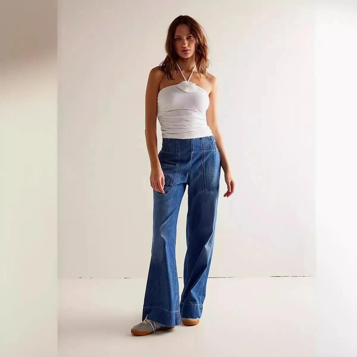 Women's Spring/autumn Fashion Solid Color Personality Low-waisted Elasticless Jeans Ins Tide Loose and Thin Elastic Waist Jeans